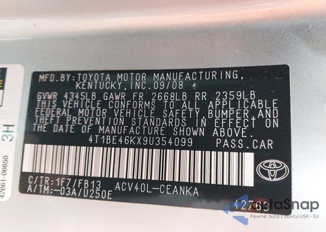 2009 Toyota Camry Le из США, поврежденный, VIN 4T1BE46KX9U354099